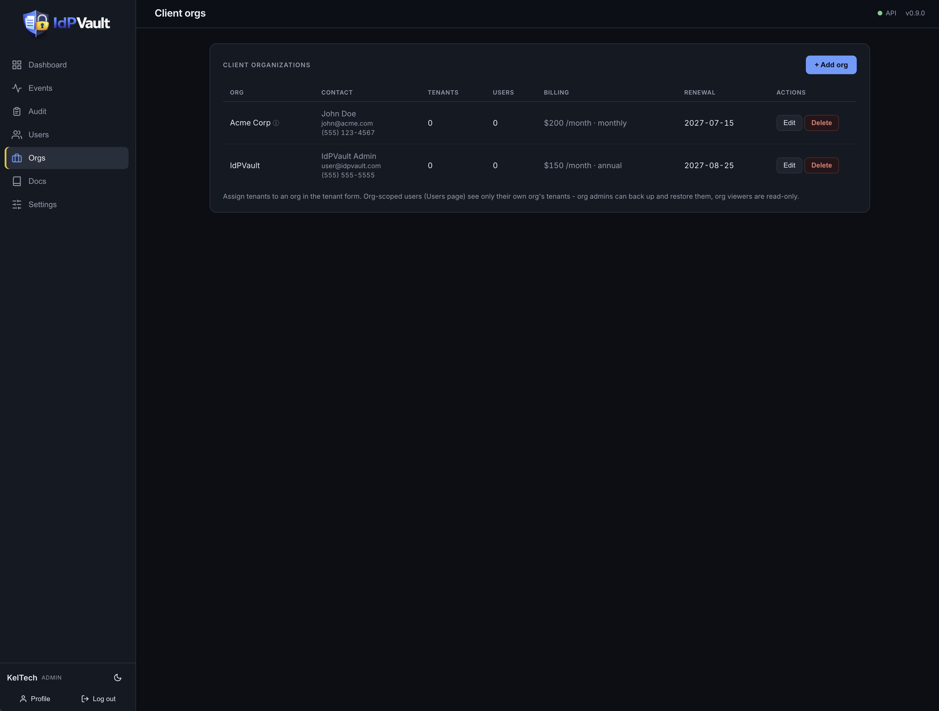 Client orgs in IdPVault